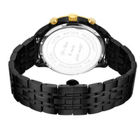 Pharaoh watch with a black stainless steel band and gold accents, featuring a round case and water-resistant back.