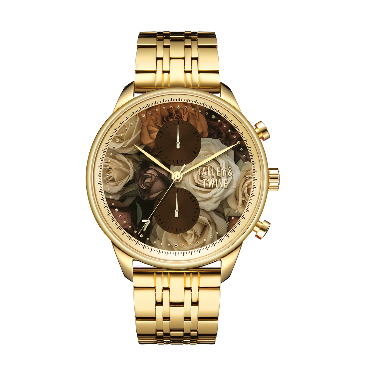 Mahogany Rose M watch features a gold-tone metal band and floral dial with roses and leaves, displaying intricate details.