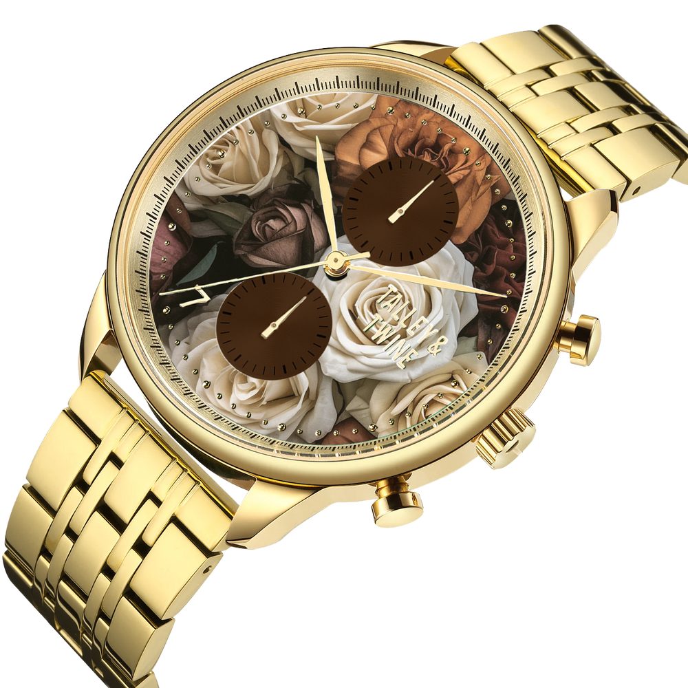 Mahogany Rose watch featuring a gold-tone case, floral dial with roses, and a gold metal bracelet.