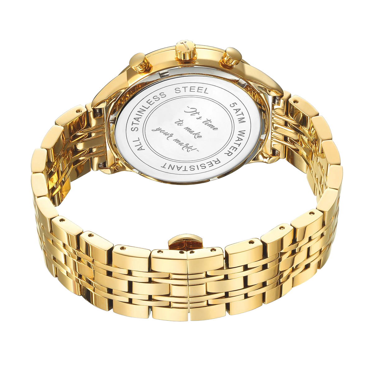 Mahogany Rose M watch with a gold stainless steel band and a round case, featuring a white dial and water-resistant back.