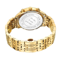 Mahogany Rose M watch with a gold stainless steel band and a round case, featuring a white dial and water-resistant back.