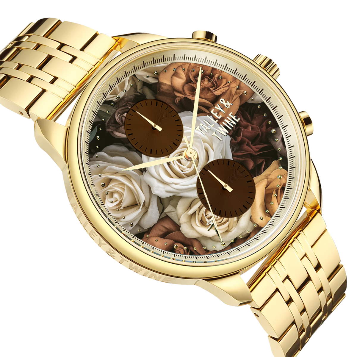 Mahogany Rose M watch featuring a gold-tone band and floral dial with brown and cream roses.