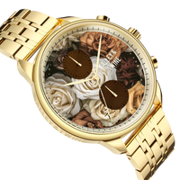 Mahogany Rose M watch featuring a gold-tone band and floral dial with brown and cream roses.