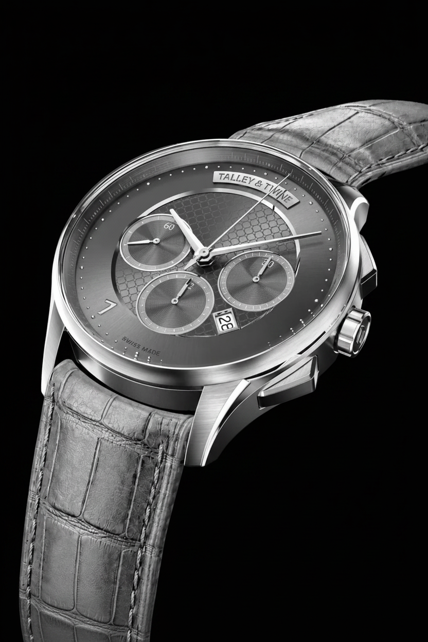 Talley & Twine Luxury watch with a dark face and gray leather strap on a black background