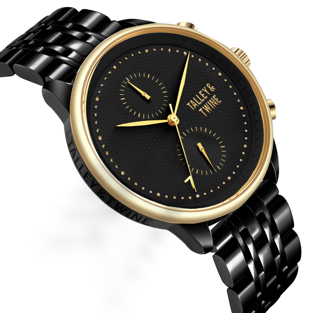 Pharaoh watch with a black dial, gold accents, and a black metal bracelet, displayed at an angle.