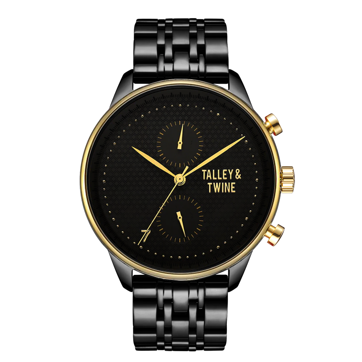 Pharaoh watch featuring a black dial, gold accents, and a black metal bracelet on a red background.