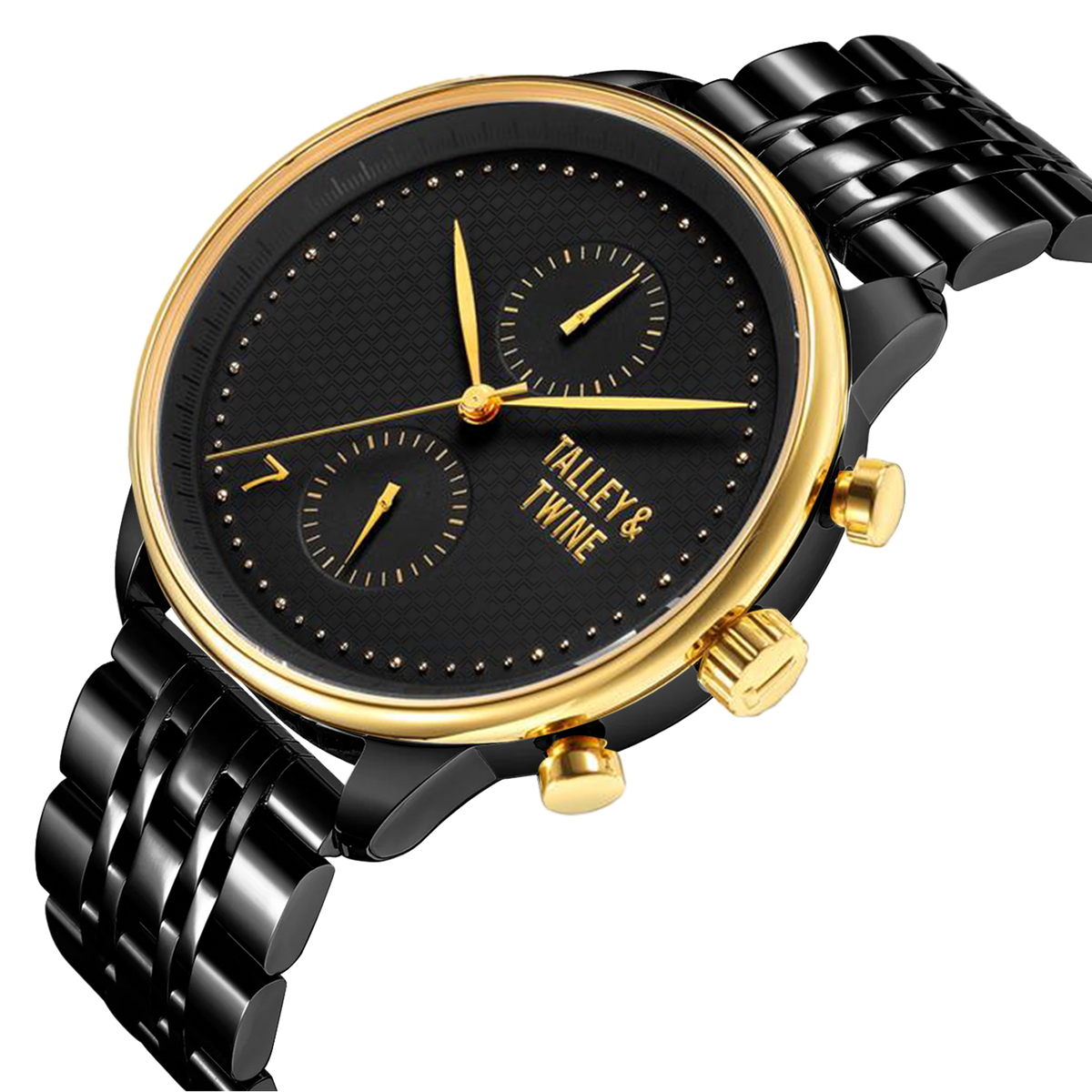 Pharaoh watch featuring a black dial, gold accents, and a black metal bracelet, shown at an angle.