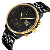 Pharaoh watch featuring a black dial, gold accents, and a black metal bracelet, shown at an angle.