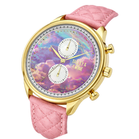 Pink unicorn watch with a gold case, white dials, and a pink quilted leather strap.