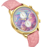 Pink unicorn watch with a gold case, pink quilted strap, and a colorful cloud-patterned dial featuring two subdials.