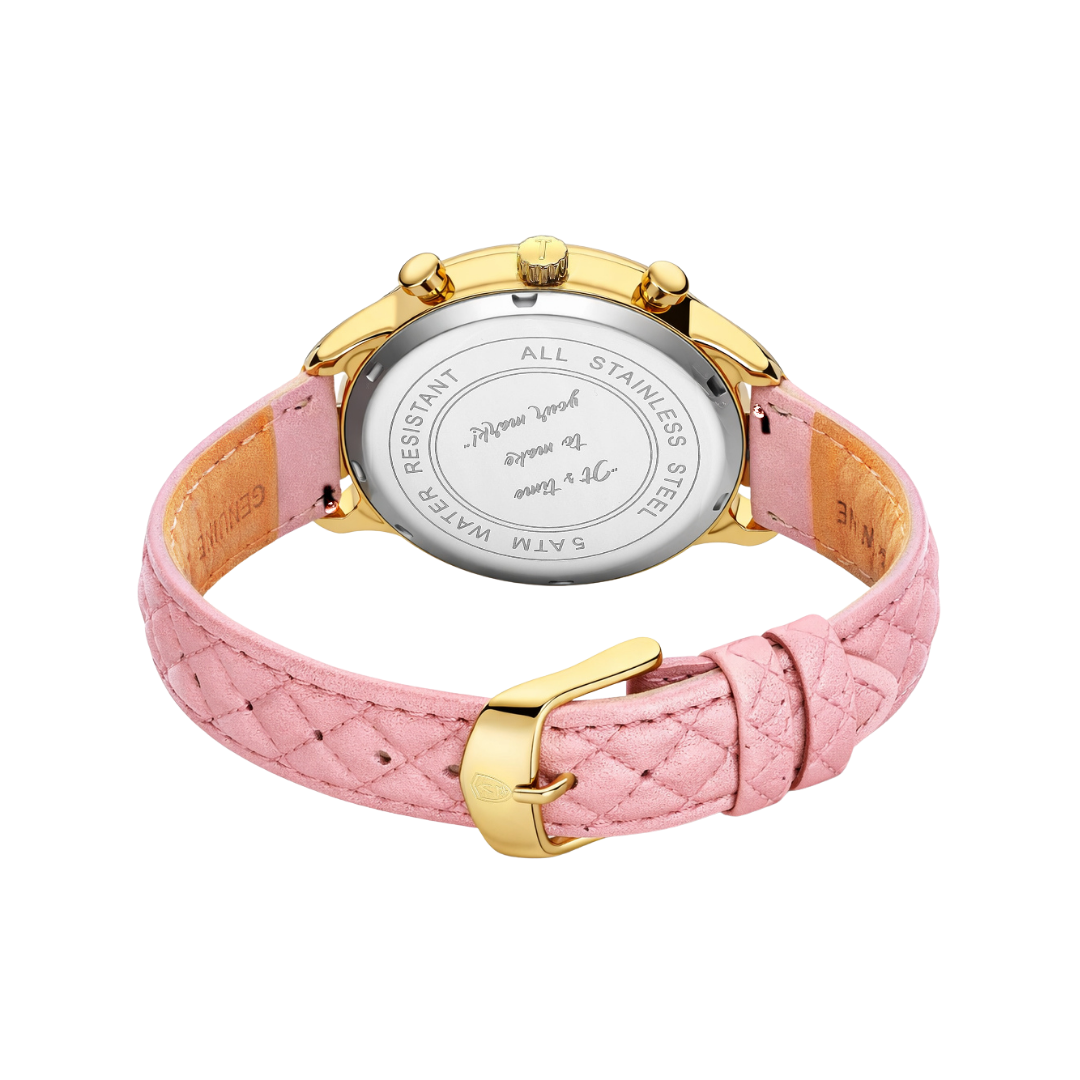 Pink unicorn watch featuring a gold-tone case and a pink quilted leather strap with a buckle closure.