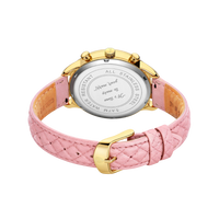 Pink unicorn watch featuring a gold-tone case and a pink quilted leather strap with a buckle closure.