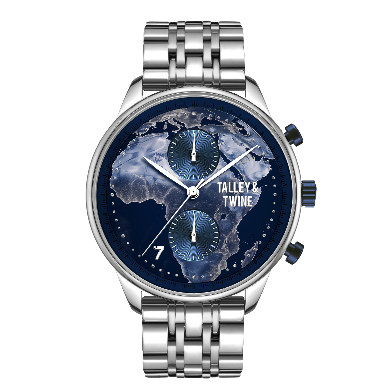 Talley & Twine Origins watch with a stainless steel band, blue globe dial featuring Africa, and two sub-dials.