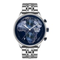 Talley & Twine Origins watch with a stainless steel band, blue globe dial featuring Africa, and two sub-dials.
