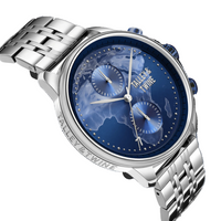 Talley & Twine Origins watch with a blue dial, silver stainless steel band, and dual chronograph subdials.