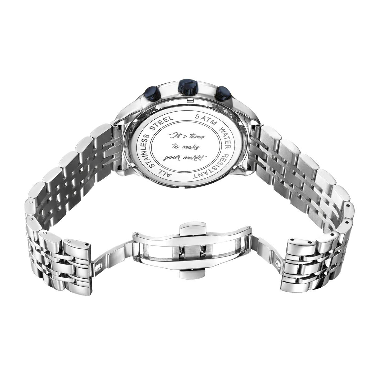Origins watch with a stainless steel band, blue accents, and engraved back stating "It's time to make your mark.