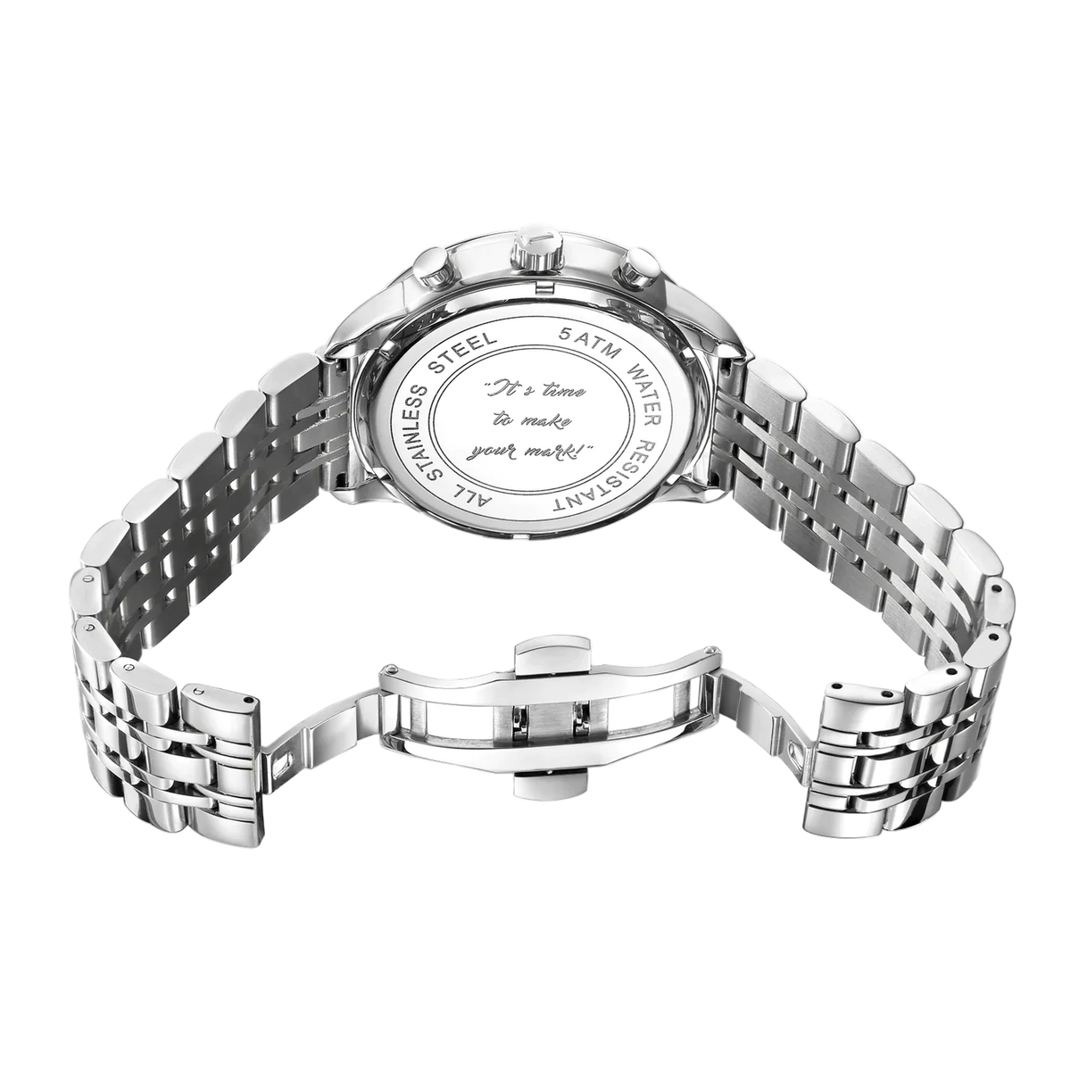 Grey Diamond M watch with a stainless steel band and a white dial, showing the back view and engraved text.