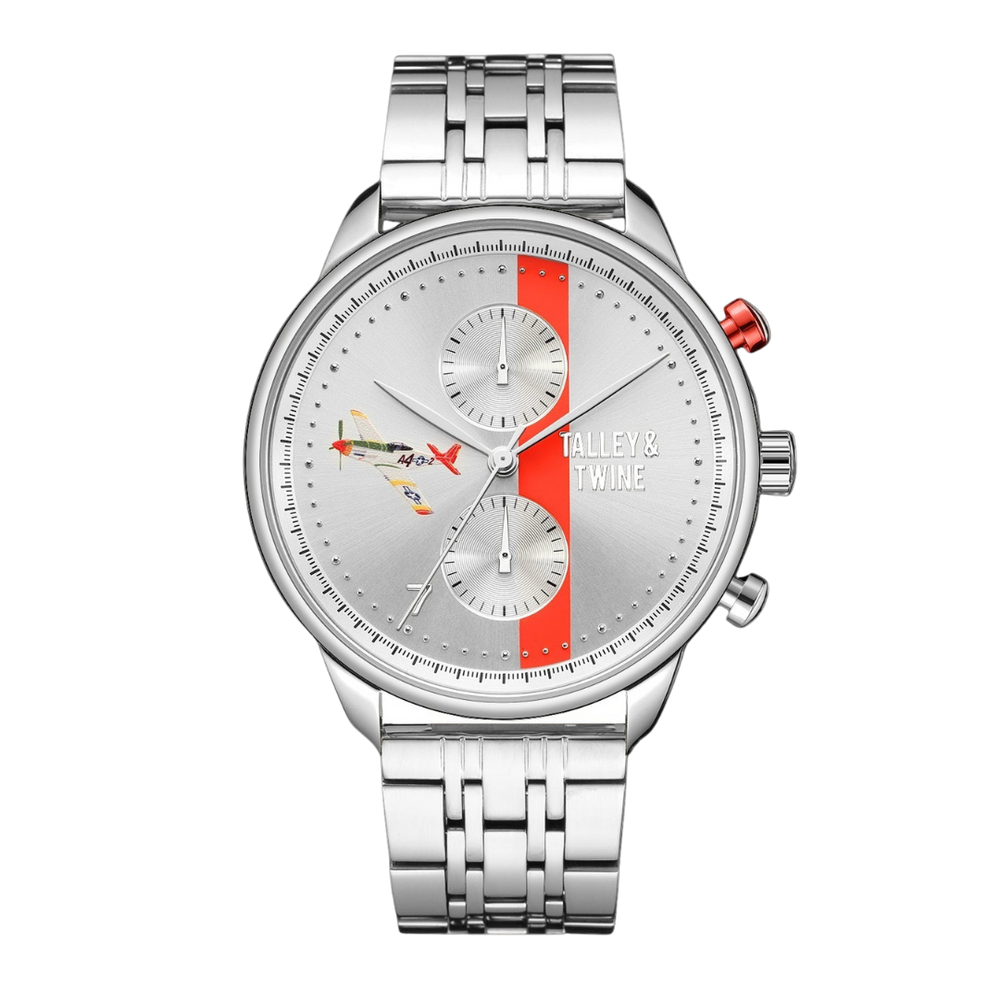 Tuskegee Airmen Red Tails watch with silver dial, red accents, and stainless steel band. Features two sub-dials.