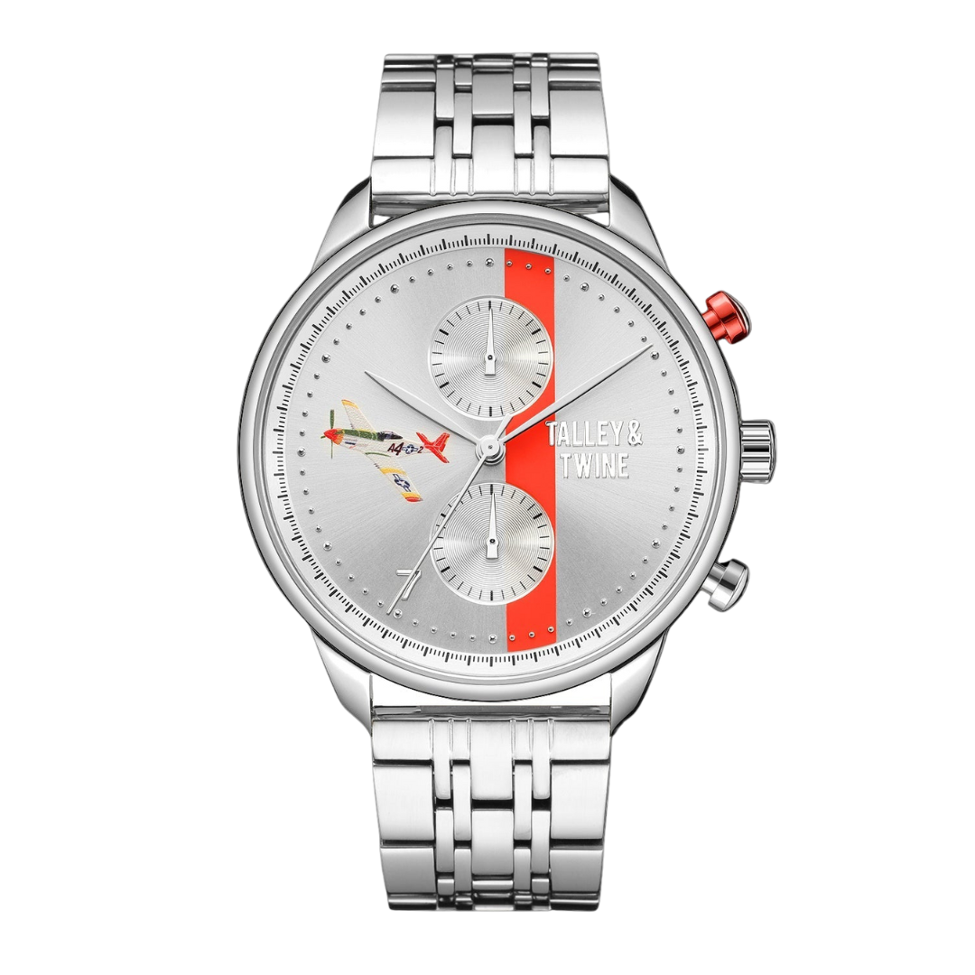 Tuskegee Airmen Red Tails watch with silver dial, red accents, and stainless steel band. Features two sub-dials.