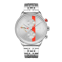 Tuskegee Airmen Red Tails watch with silver dial, red accents, and stainless steel band. Features two sub-dials.
