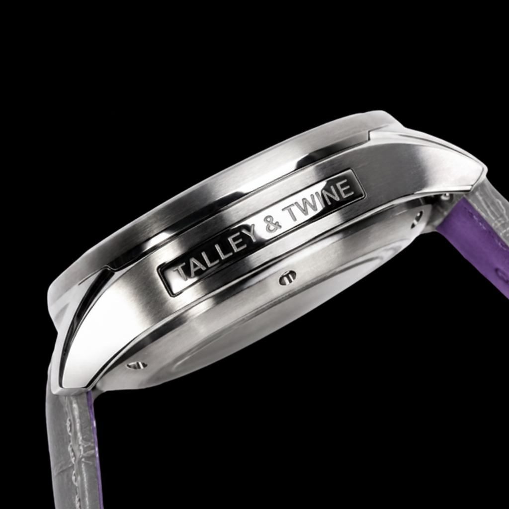 Close-up of a watch with 'Talley & Twine' branding on a black background
