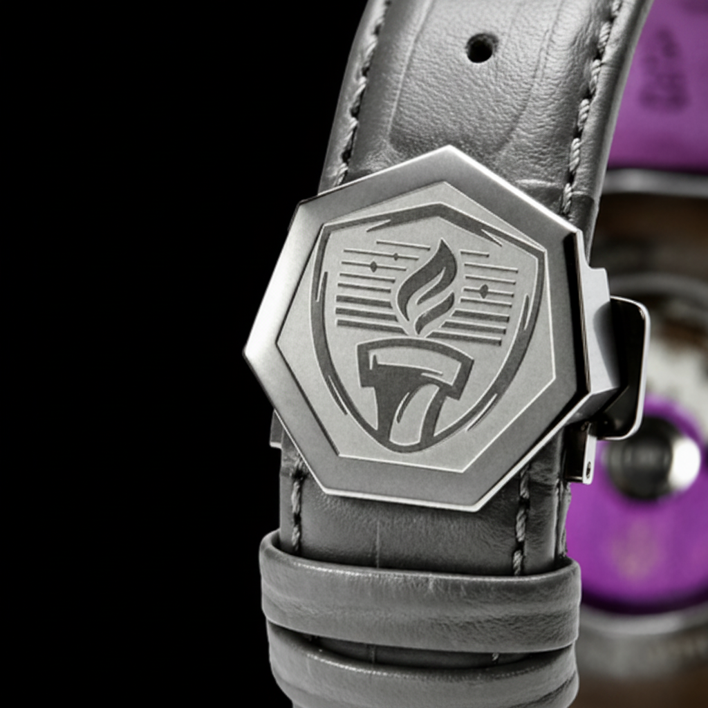 Close-up of a watch with a detailed emblem on a black background, Talley & Twine