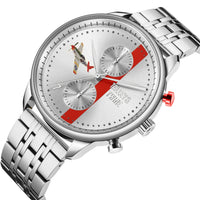 Silver watch with a red and silver dial, featuring a Tuskegee Airmen Red Tails™ design and stainless steel band.