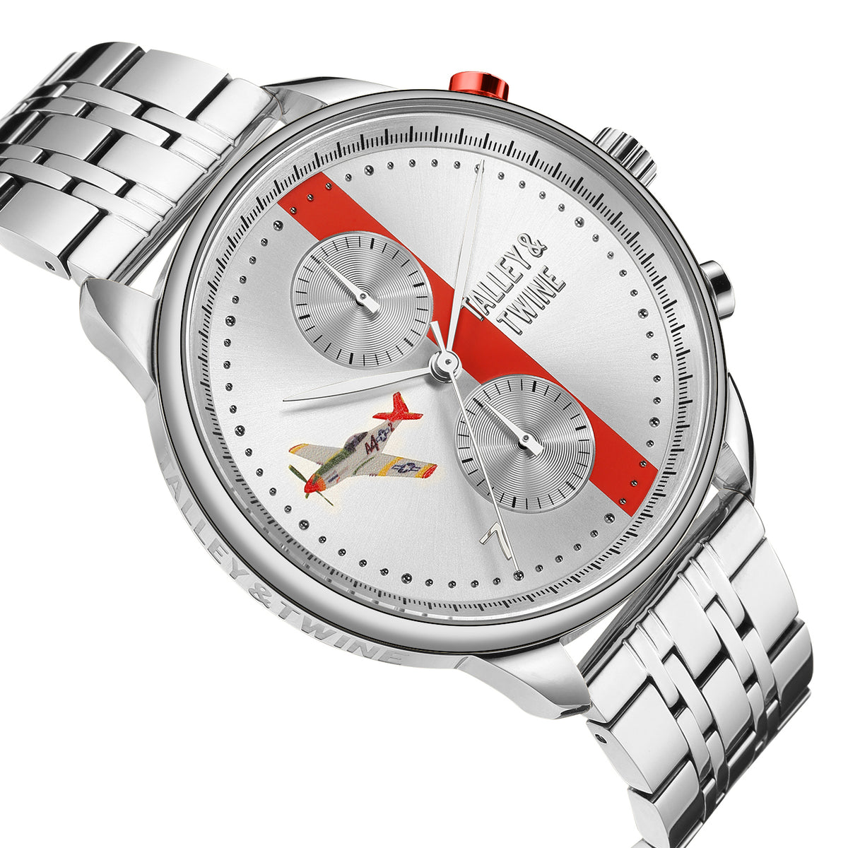 Tuskegee Airmen Red Tails watch with silver dial, red accents, and airplane graphic on a stainless steel bracelet.