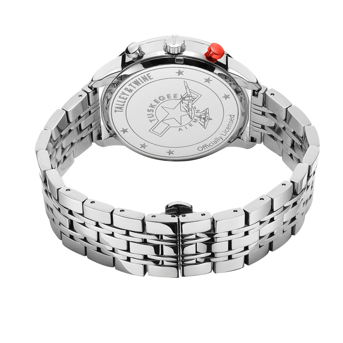 Tuskegee Airmen Red Tails watch with a stainless steel band and a red crown, featuring a detailed back design.
