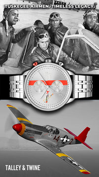 Tuskegee Airmen Red Tails watch with silver band, red and yellow accents, featuring a plane graphic on the dial.
