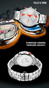 Tuskegee Airmen Red Tails watch with silver bracelet, red accents, and detailed dial, displayed on leather and goggles.